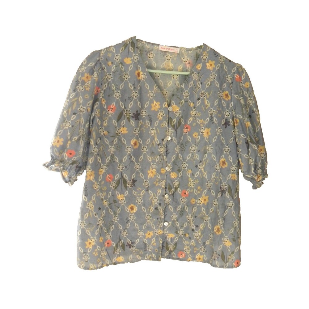 Womens Shirt Large Button Down Puff Sleeve Eyelet Floral Cottagecore Boho
